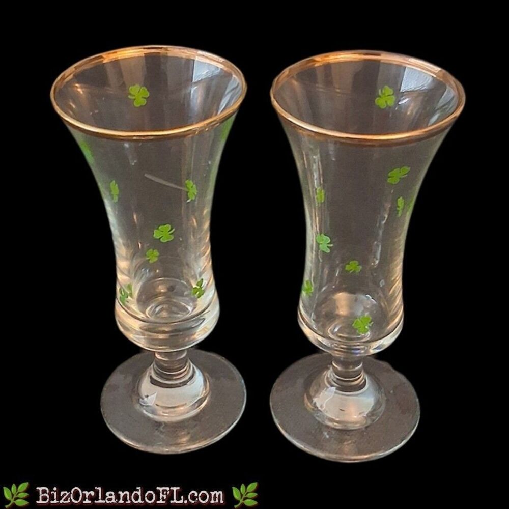 VINTAGE: Irish Clover Cordial Glasses with Gold Rim / St. Patrick's Day * PAIR *